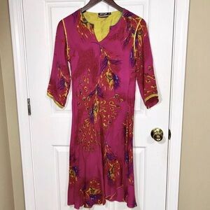 Satya Pink Peacock Feather Print Boho Kurti Style Midi Dress/Tunic Size Medium